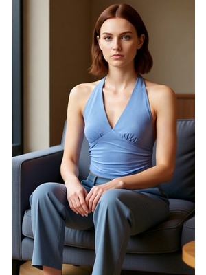 PayBuy V Yaka Fitted Crop Bluz Sandy Dokuma Yazlık Günlük Kullanım Için
