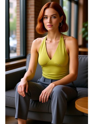 PayBuy V Yaka Fitted Crop Bluz Sandy Dokuma Yazlık Günlük Kullanım Için