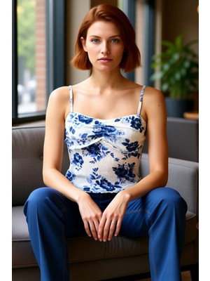PayBuy Crop Bluz Çiçek Desenli Ince Askılı Örme Polyester Yazlık Modern Stil Rahat Kullanım