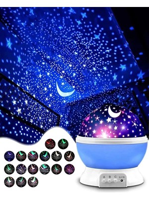Kesene Ay Yıldız DESENLI 360° Dönen projektör Renkli Ledli Uyku Işığı Bebek Çocuk Odası gece Lambası Mavi