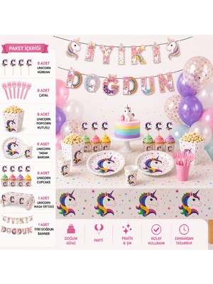 Bkmc Party Unicorn Doğum Günü Parti Seti 8 Kişilik Komple Konsept Parti Süsleri Masa Süsleme Seti