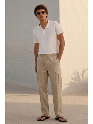 Damga Erkek Yazlık Comfort Krem Kargo Keten Pantolon