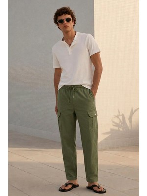Damga Erkek Yazlık Comfort Haki Kargo Keten Pantolon