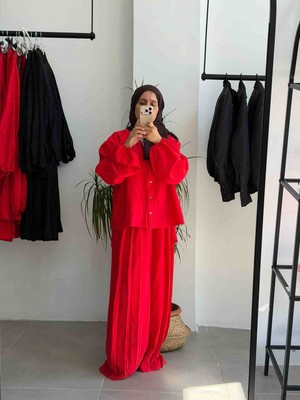 Butik Duyawear Kırmızı Bol Pantolonlu Takım