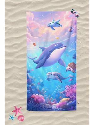 Erca Home Tekstil Ürünleri Yunus Su Kaplumbağası Deniz Altı Desenli Plaj Havlusu Unisex Plaj Deniz Havlusu Summer Towel