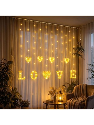 Aydogan's 3 Metre Perde LED Işık - 8 Modlu Kalp ve Love Figürlü Dekoratif Animasyonlu LED