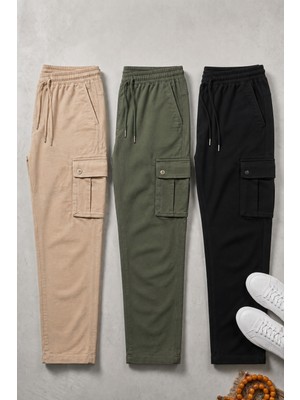 Damga Erkek Beli Lastikli 3 Lü Kargo Keten Pantolon