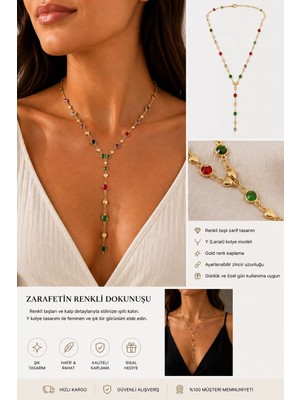 Adivo Store Gold Renk Renkli Taşlı Y Kolye Kadın | Kalp Detaylı Lariat Kolye | Minimal Zarif Zincir Kolye