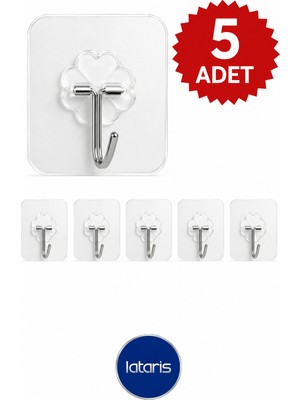 Lataris 5 Adet Kendinden Yapışkanlı Şeffaf Askı Metal Banyo Mutfak Dolap Askısı 6x6 cm
