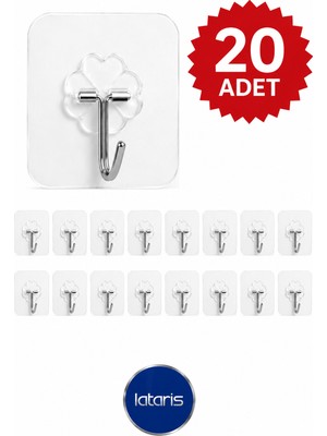 Lataris 20 Adet Kendinden Yapışkanlı Şeffaf Metal Askı Banyo Mutfak Dolap Askısı 6x6 cm