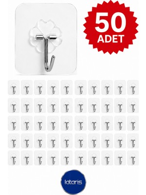 Lataris 50 Adet Kendinden Yapışkanlı Şeffaf Metal Askı Banyo Mutfak Dolap Askısı 6x6 cm