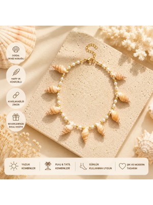 Adivo Store Deniz Kabuğu Halhal Gold Renk Kadın Ayak Halhalı | Incili Bohem Yazlık Halhal | Plaj ve Tatil Aksesuarı