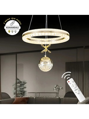 Işıltı Kumandalı 3 Renk Ledli Çift Yönlü Aydınlatmalı Lüks Tasarım Ledli Avize Çap 40 cm Salon Oturma Odası