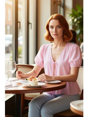 PayBuy Bağlama Detaylı V Yaka Kısa Kollu Dokuma Bluz Kadın Yaz Modern Bir Dokunuş Katıyor Iddialı