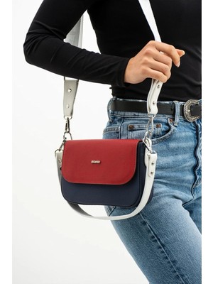 Just Polo Kadın Lacivert Kırmızı Lakost Kumaş El ve Omuz Çantası