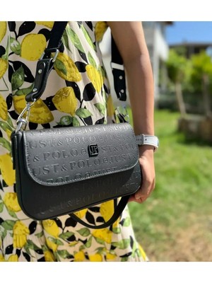 Just Polo Kopya - Kadın Siyah Gofraj Kabartma Desenli Mıknatıslı Çıtçıt Kapama El Çantası MH4031MH