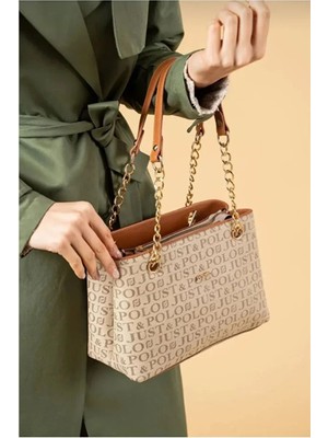 Just Polo Orijinal Kadın 3 Bölmeli Zincir Detaylı Ayarlanabilir Askılı Lüks El & Omuz Çantası Shoulder Bag