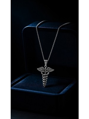 Silvari Silver Kadüse Tıp Sembolü  Parlak Unisex Tasarım 925 Ayar Gümüş Kolye