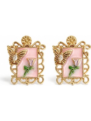 Serelya Pirinç Pembe Mineli Sanatsal Portre Model Gold Renk Kadın Küpe