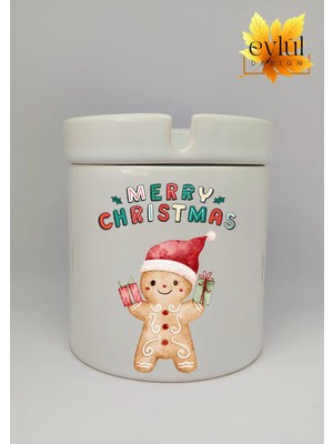 Eylül Design Yılbaşı Şapkalı Sevimli Kurabiye Merry Christmas Baskılı Seramik Küllük Kokusuz Kültablası