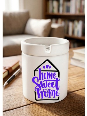 Eylül Design Home Sweet Home Minimalist Ev Tasarımlı Baskılı Seramik Küllük Dekoratif Kokusuz Kül Tablası