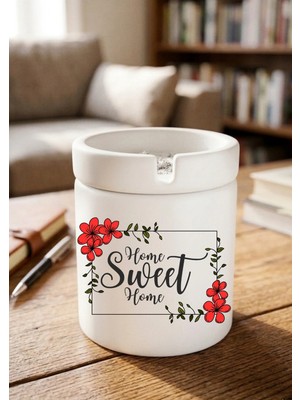 Eylül Design Home Sweet Home Minimalist Ev Tasarımlı Baskılı Seramik Küllük Dekoratif Kokusuz Kül Tablası