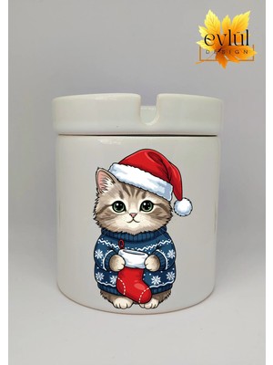 Eylül Design Yılbaşı Şapkalı Sevimli Kedi Baskılı Seramik Küllük Kokusuz Kültablası