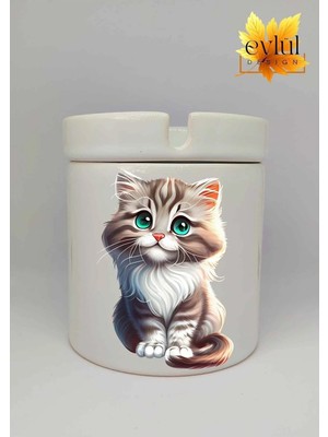 Eylül Design Sevimli Kedi Baskılı Özel Tasarım Baskılı Seramik Küllük Kokusuz Kültablası-3