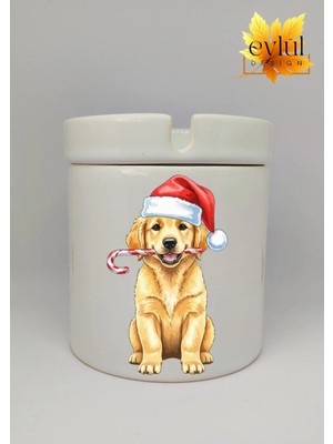 Eylül Design Yılbaşı Temalı Sevimli Köpek Baskılı Özel Tasarım Seramik Küllük Kokusuz Kültablası
