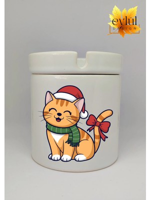 Eylül Design Yılbaşı Şapkalı Sevimli Kedi Baskılı Seramik Küllük Kokusuz Kültablası