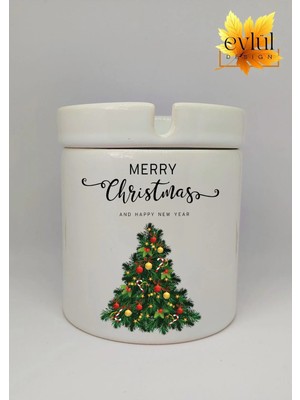 Eylül Design Yılbaşı Ağacı Temalı Merry Christmas Baskılı Özel Tasarım Seramik Küllük Kokusuz Kültablası