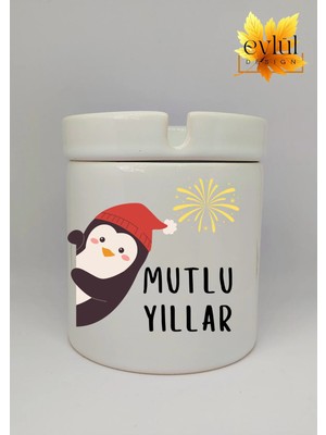 Eylül Design Yılbaşı Şapkalı Sevimli Penguen Mutlu Yıllar Baskılı Seramik Küllük Kokusuz Kültablası