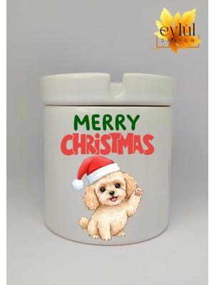 Eylül Design Yılbaşı Şapkalı Sevimli Köpek Merry Christmas Baskılı Seramik Küllük Kokusuz Kültablası