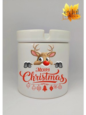 Eylül Design Yılbaşı Temalı Sevimli Geyik Merry Christmas Baskılı Özel Tasarım Seramik Küllük Kokusuz Kültablası