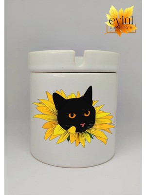 Eylül Design Ayçiçek Içinde Kedi Özel Tasarım Baskılı Seramik Küllük Kokusuz Kültablası
