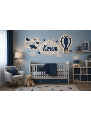 Runc Design Isimli LED Işıklı Çocuk Odası Duvar Dekoru - Uçaklı Balonlu Ahşap Gece Lambası Pano