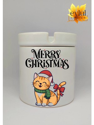 Eylül Design Yılbaşı Şapkalı Sevimli Kedi Merry Christmas Baskılı Seramik Küllük Kokusuz Kültablası