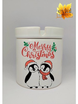 Eylül Design Yılbaşı Şapkalı Sevimli Penguenler Merry Christmas Baskılı Seramik Küllük Kokusuz Kültablası