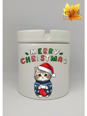 Eylül Design Yılbaşı Şapkalı Sevimli Kedi Merry Christmas Baskılı Seramik Küllük Kokusuz Kültablası