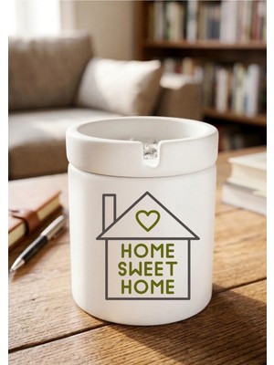 Eylül Design Home Sweet Home Minimalist Ev Tasarımlı Baskılı Seramik Küllük Dekoratif Kokusuz Kül Tablası