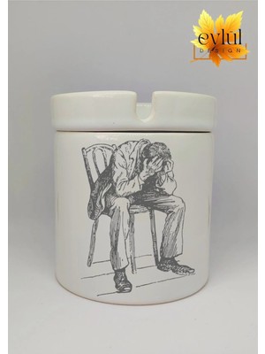 Eylül Design Man On Chair Özel Tasarım Baskılı Seramik Küllük Kokusuz Kültablası