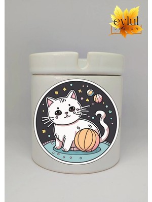 Eylül Design Uzayda Kedi Özel Tasarım Baskılı Seramik Küllük Kokusuz Kültablası