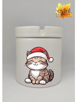 Eylül Design Yılbaşı Temalı Sevimli Kedi Baskılı Özel Tasarım Baskılı Seramik Küllük Kokusuz Kültablası
