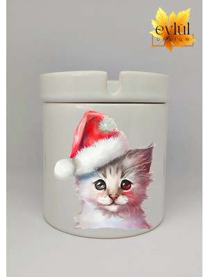 Eylül Design Yılbaşı Şapkalı Sevimli Kedi Baskılı Seramik Küllük Kokusuz Kültablası