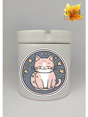 Eylül Design Sevimli Kedi Özel Tasarım Baskılı Seramik Küllük Kokusuz Kültablası