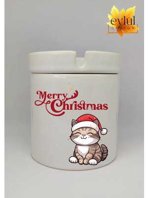Eylül Design Yılbaşı Temalı Sevimli Kedi Merry Christmas Baskılı Özel Tasarım Seramik Küllük Kokusuz Kültablası