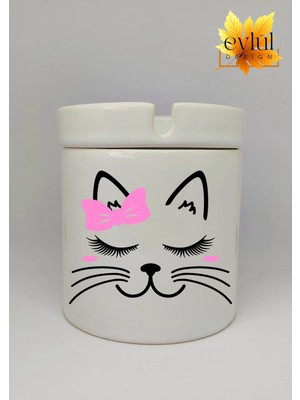 Eylül Design Kedi Yüzü Baskılı Özel Tasarım Baskılı Seramik Küllük Kokusuz Kültablası
