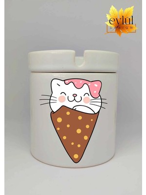 Eylül Design Sevimli Kedi Baskılı Özel Tasarım Baskılı Seramik Küllük Kokusuz Kültablası-2