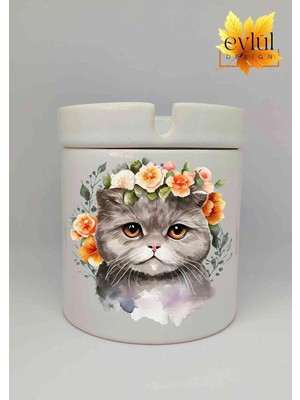 Eylül Design Çiçekli Kedi Baskılı Özel Tasarım Baskılı Seramik Küllük Kokusuz Kültablası-2