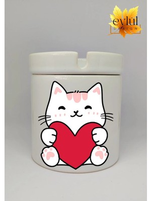 Eylül Design Kalp Tutan Kedi Özel Tasarım Baskılı Seramik Küllük Kokusuz Kültablası